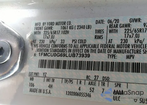 2020 Ford Escape Se from USA, damaged, VIN 1FMCU0G69LUB73939